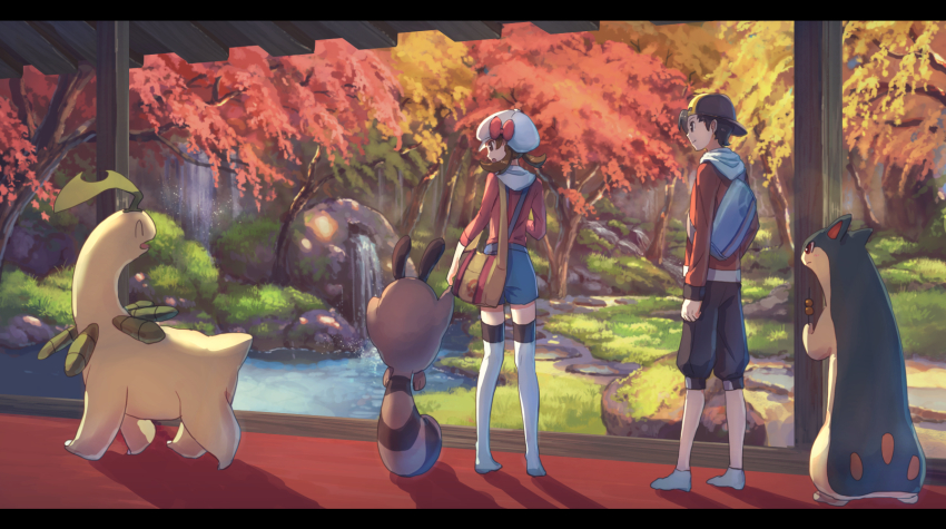 1boy 1girl autumn backwards_hat bag baseball_cap bayleef black_eyes black_hair black_hat black_shorts blue_shorts blush bow brown_eyes brown_hair closed_eyes closed_mouth dango day ethan_(pokemon) food from_behind full_body gen_2_pokemon grass hand_up happy hat hat_bow highres holding holding_hands hood hoodie jacket letterboxed light_blush long_sleeves looking_at_another lyra_(pokemon) matching_hair/eyes nintendo open_mouth outdoors pippi_(pixiv_1922055) poke_ball_symbol poke_ball_theme pokemon pokemon_(creature) pokemon_hgss profile quilava red_bow red_eyes red_jacket red_shirt rock sentret shirt short_hair short_shorts shorts sideways_mouth smile socks standing stream suspenders thighhighs tree twintails wagashi walking water waterfall white_hat white_thighhighs