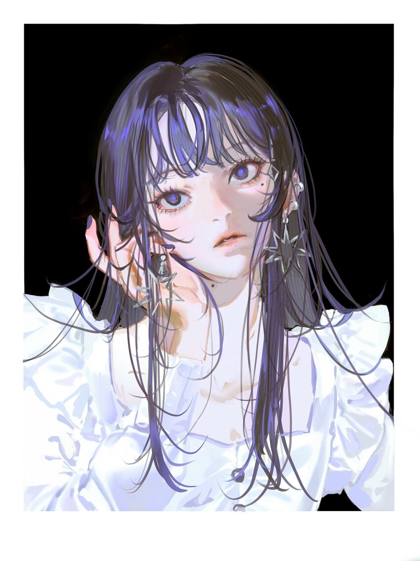 1girl bad_id bad_twitter_id black_background blue_eyes blue_hair blue_nails border commentary dated_commentary dress ear_piercing earrings hand_up highres jewelry john_kafka long_hair long_sleeves mole mole_on_neck mole_under_eye nail_polish open_mouth original piercing solo upper_body white_border white_dress