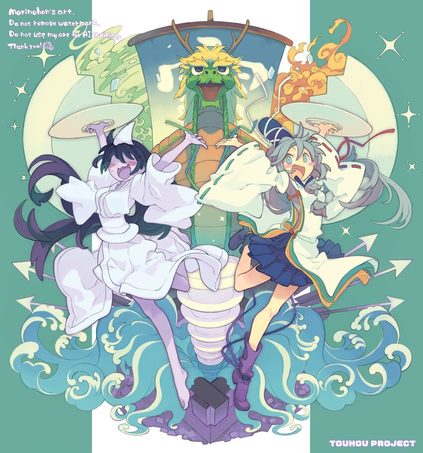 2girls :3 :d arms_up arrow_(projectile) bare_legs barefoot black_hair blue_eyes blue_hat blue_skirt blush blush_stickers boots broken_plate colored_skin commentary copyright_name creepypasta detached_sleeves dragon english_text full_body green_ribbon grey_hair hair_between_eyes hair_over_eyes hat hat_ribbon highres holding holding_plate japanese_clothes kariginu kimono leg_up long_hair miniskirt mononobe_no_futo morino_hon multiple_girls okiku_(banchou_sarayashiki) open_mouth plate pleated_skirt ponytail purple_footwear purple_skin red_ribbon ribbon ribbon-trimmed_sleeves ribbon_trim shaded_face ship skirt small_sweatdrop smile sparkle standing standing_on_one_leg sweat symbol-only_commentary tate_eboshi touhou triangular_headpiece two-tone_background urban_legend_in_limbo very_long_hair water watercraft waves white_kimono white_ribbon white_sleeves wide_sleeves