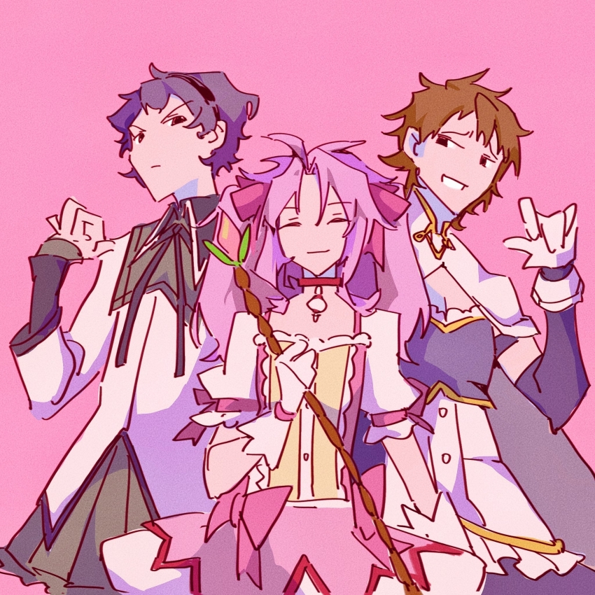 3boys akemi_homura akemi_homura_(cosplay) akemi_homura_(magical_girl) antenna_hair black_gloves black_hairband blue_gloves blue_hair blue_skirt brown_hair chinese_commentary choker cleavage_cutout closed_eyes closed_mouth clothing_cutout commentary_request cosplay crossdressing crossdressing_(mtf) dress elbow_gloves film_grain fingerless_gloves frilled_sleeves frills gloves grey_skirt hair_ribbon hairband hand_up harada_minoru hatsutori_hajime highres kaname_madoka kaname_madoka_(cosplay) kaname_madoka_(magical_girl) mahou_shoujo_madoka_magica mahou_shoujo_madoka_magica_(anime) male_focus miki_sayaka miki_sayaka_(cosplay) miki_sayaka_(magical_girl) multiple_boys parted_bangs pink_background pink_dress pink_hair pink_ribbon pleated_skirt puffy_short_sleeves puffy_sleeves red_choker ribbon rongsheng531 saibou_shinkyoku shirt short_hair short_sleeves simple_background sketch skirt smile twintails utsugi_noriyuki white_gloves white_shirt