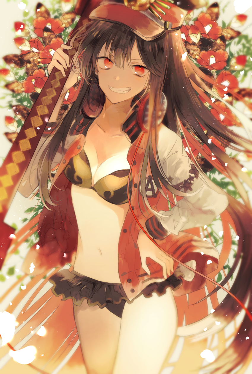 1girl artist_name bikini black_bikini black_hair blurry breasts cacao_(chocotto) camellia collarbone commentary_request cowboy_shot depth_of_field fate/grand_order fate_(series) floral_background flower frilled_bikini frills grin hair_between_eyes hand_on_own_hip hat headphones headphones_around_neck highres holding holding_sword holding_weapon jacket katana letterman_jacket long_hair long_sleeves looking_at_viewer military_hat navel oda_nobunaga_(fate) oda_nobunaga_(swimsuit_berserker)_(fate) oda_nobunaga_(swimsuit_berserker)_(first_ascension)_(fate) oda_nobunaga_(swimsuit_berserker)_(second_ascension)_(fate) open_clothes open_jacket parted_lips peaked_cap red_eyes sheath sheathed small_breasts smile solo swimsuit sword thighs tsurime very_long_hair weapon