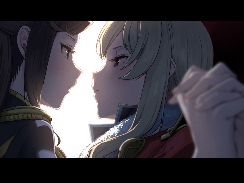 2girls absurdres blonde_hair blurry brown_hair cape capelet closed_mouth couple depth_of_field from_side fur-trimmed_cape fur_trim hair_between_eyes hands_up hasisisissy high_collar highres holding_hands leaning_back leaning_forward long_hair looking_at_another multiple_girls pinned red_capelet saijou_claudine seishou_music_academy_uniform shoujo_kageki_revue_starlight tendou_maya upper_body wavy_hair white_background yuri