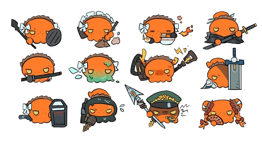 animal_focus animalization braid chair commentary e.g.o_(project_moon) english_commentary family_hierarch_candidate_(identity)_(project_moon) folding_chair harpoon harpoon_gun highres holding holding_harpoon holding_mace holding_shield holding_weapon ishmael_(project_moon) katana kgdjeisk kurokumo_clan_(identity)_(project_moon) lccb_(identity)_(project_moon) limbus_company liu_association_south_uniform mace maid_headdress molar_boatworks_(identity)_(project_moon) pequod_(identity)_(project_moon) project_moon r_corp._(identity)_(project_moon) riot_shield shi_association_south_uniform shield simple_background sloshing_(e.g.o) sword technology_liberation_alliance_(identity)_(project_moon) twin_braids umbrella_octopus weapon white_background wuthering_heights_(identity)_(project_moon) zwei_association_west_uniform