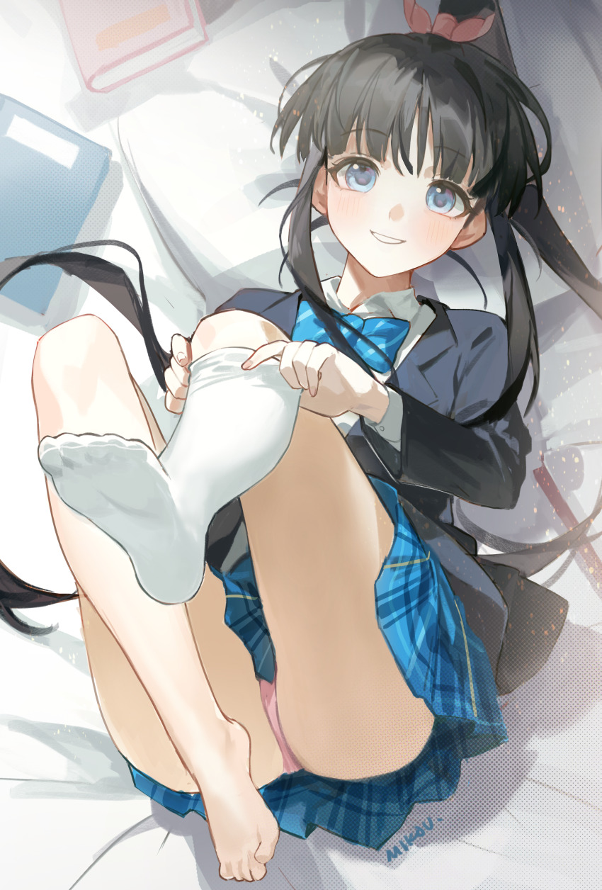 1girl absurdres bed_sheet black_jacket blue_bow blue_bowtie blue_skirt blunt_bangs bow bowtie collared_shirt highres houjou_high_school_uniform jacket long_hair looking_at_viewer lying mikou_(mikou_minnow) on_back panties pink_panties pleated_skirt ponytail school_uniform shirt skirt smile socks sugiura_koharu underwear white_album_(series) white_album_2 white_shirt white_socks