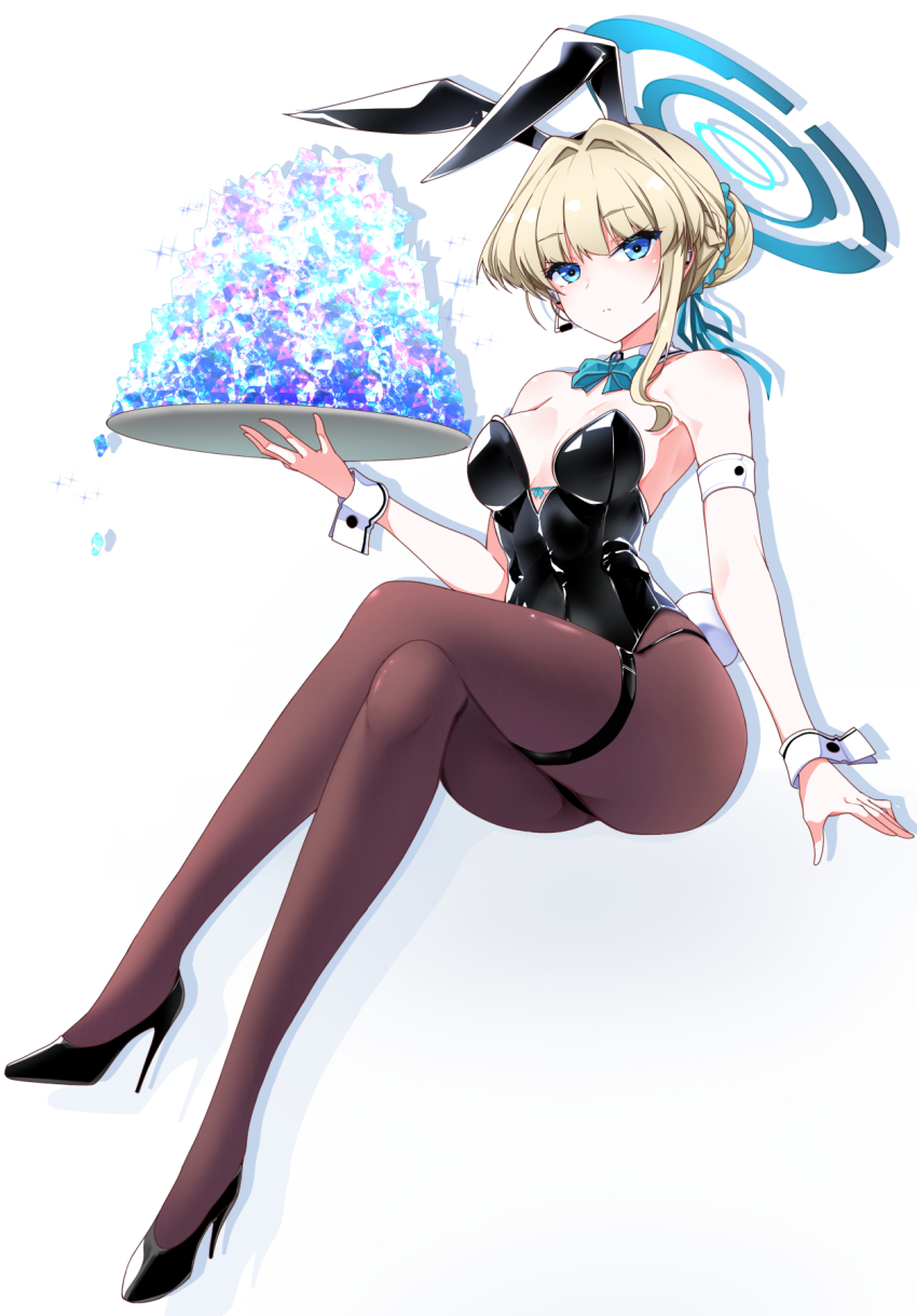 1girl animal_ears black_footwear black_leotard blonde_hair blue_archive blue_eyes blue_ribbon blush bow bowtie braid breasts brown_pantyhose bun_cover covered_navel detached_collar earpiece fake_animal_ears fake_tail hair_bun hair_ribbon half_up_braid halo high_heels highleg highleg_leotard highres leotard looking_at_viewer maid_headdress medium_breasts mutou_kurihito pantyhose playboy_bunny rabbit_ears rabbit_tail ribbon short_hair single_hair_bun solo tail toki_(blue_archive) tray wrist_cuffs