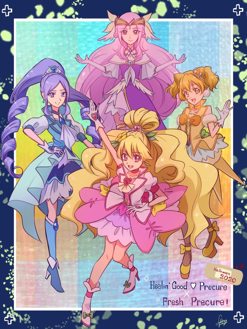 2020 4girls aono_miki artist_request bare_shoulders blonde_hair blue_eyes blue_hair blue_skirt boots choker cone_hair_bun copyright_name cosplay costume crossover cure_berry cure_earth cure_earth_(cosplay) cure_fontaine cure_fontaine_(cosplay) cure_grace cure_grace_(cosplay) cure_passion cure_peach cure_pine cure_sparkle cure_sparkle_(cosplay) dress earrings english_text eyelashes fresh_precure! gloves hair_bun hair_ornament twirling_hair hairband half_updo halloween halloween_costume happy healin&#039;_good_precure heart heart_hair_ornament higashi_setsuna high_heel_boots high_heels highres jewelry long_hair looking_at_viewer magical_girl momozono_love multiple_girls open_mouth orange_eyes orange_hair pink_dress pink_eyes pink_hair platform_boots platform_footwear platform_heels ponytail precure puffy_short_sleeves puffy_sleeves purple_dress ribbon short_hair short_sleeves signature skirt smile source_request twintails very_long_hair vest wavy_hair white_gloves yamabuki_inori
