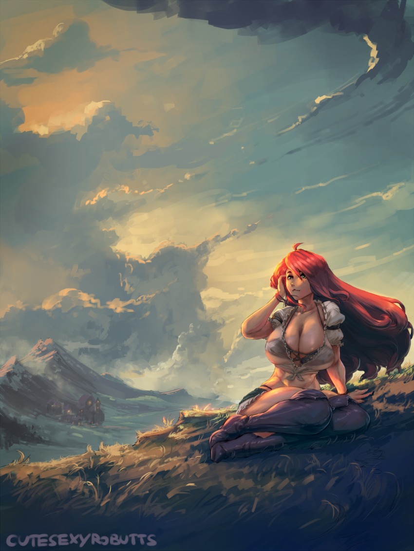 1girl ahoge arm_up black_bra blue_eyes boots bra breasts brown_legwear cleavage cloud cloudy_sky cutesexyrobutts female_focus grass highres hip_focus huge_breasts light_smile long_hair looking_up mountain original red_hair sitting sky solo thighhighs thighs town underwear very_long_hair