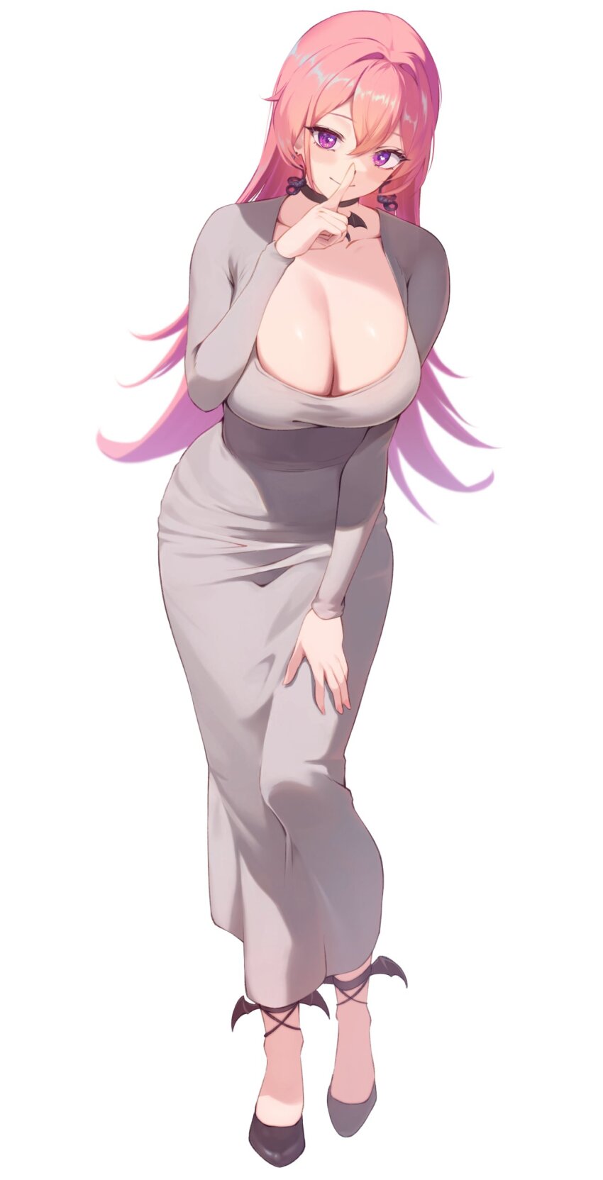 1girl absurdres black_choker black_shoes breasts choker cleavage closed_mouth collarbone dongtan_dress dress earrings finger_to_mouth full_body grey_dress hand_on_own_thigh highres jewelry large_breasts long_hair long_sleeves meme_attire nutsbutty phase_connect pink_hair purple_eyes runie_ruse second-party_source shoes shushing snake_earrings solo virtual_youtuber white_background