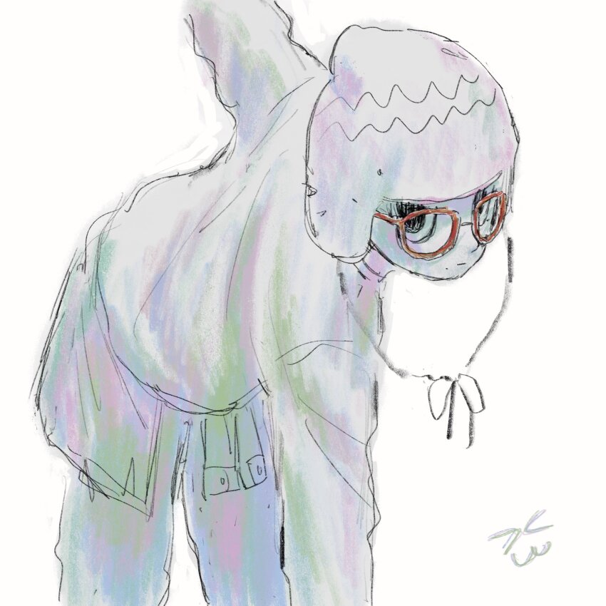 &gt;_&lt; 1other :3 ambiguous_gender expressionless hat highres leaning_forward looking_at_viewer mole mole_under_mouth original other_focus pants red-framed_eyewear shirt simple_background ueotto white_background x3