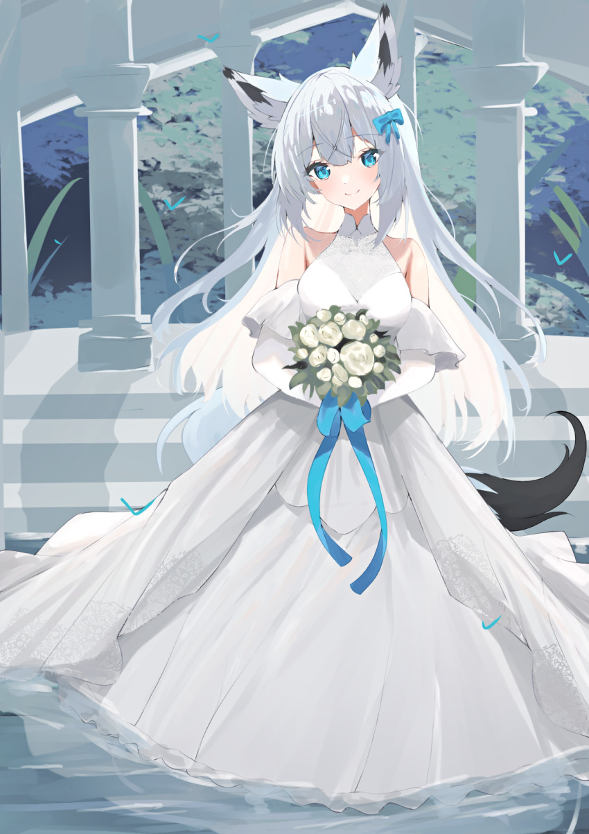 1girl animal_ears azur_lane bare_shoulders blue_bow blue_eyes blue_ribbon bouquet bow bride church closed_mouth commentary_request dress elbow_gloves flower fox_ears fox_girl fox_tail full_body gloves grey_hair hair_between_eyes hair_bow happy highres holding holding_bouquet indoors kawakaze_(azur_lane) long_dress long_hair looking_at_viewer natsuki_(natsu_1936) ribbon rose sleeveless sleeveless_dress smile solo split_mouth standing tail very_long_hair wedding_dress white_dress white_flower white_gloves white_rose