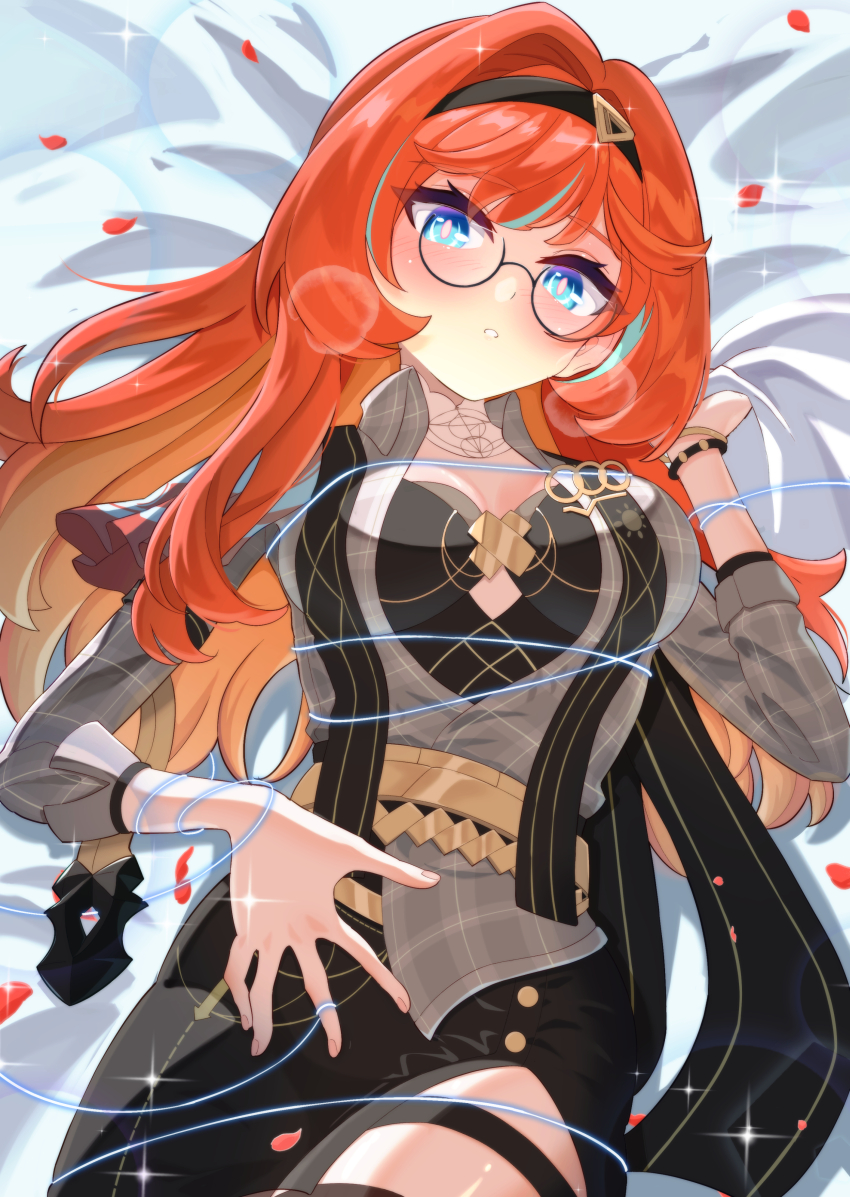 1girl absurdres black_dress black_hairband blue_eyes blush breasts commentary_request dress eight_(eight3rd1) glasses grey_jacket hairband highres honkai_(series) honkai_impact_3rd jacket large_breasts long_hair lying on_back parted_lips partial_commentary plaid_clothes plaid_jacket puff_of_air red_hair red_petals senadina senadina_(steering_inequations) solo thigh_strap