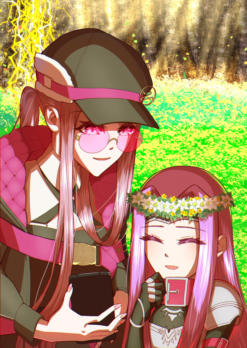2girls absurdres age_comparison armor black_hat black_jacket closed_eyes collar commentary_request dual_persona fate/grand_order fate_(series) happy hat head_wreath highres holding holding_phone jacket koko_kou long_hair looking_at_phone medusa_(fate) medusa_(lancer)_(fate) medusa_(saber)_(fate) medusa_(saber)_(first_ascension)_(fate) multiple_girls open_mouth phone pink-tinted_eyewear pink_collar pink_eyes pink_hair ponytail rider sidelocks smile sunglasses sunlight tinted_eyewear
