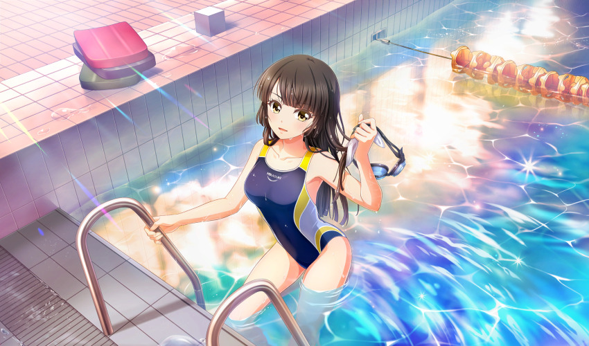 1girl black_hair blunt_bangs cinderella_series competition_swimsuit feet_out_of_frame game_cg goggles hachigatsu_no_cinderella_nine highres holding holding_removed_eyewear kickboard lane_line light_rays long_hair looking_to_the_side non-web_source official_art one-piece_swimsuit open_mouth pool pool_ladder poolside solo sunbeam sunlight swimsuit tsukishima_yui_(hachigatsu_no_cinderella_nine) unworn_eyewear unworn_goggles wading water wet yellow_eyes