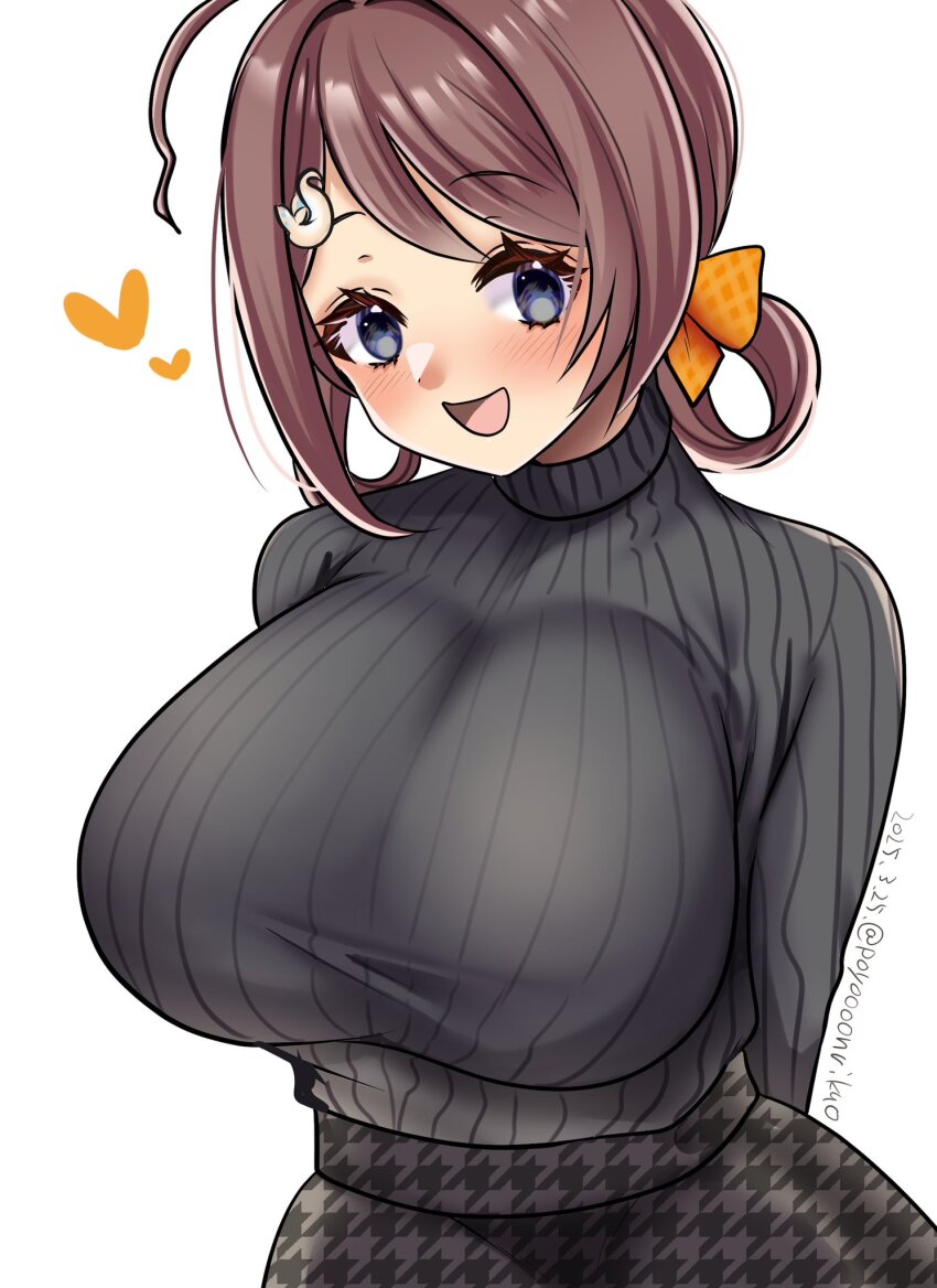 1girl ahoge blush braid braided_hair_rings breasts brown_hair chougei_(kancolle) grey_eyes grey_sweater hair_ornament hair_rings hairclip heart highres kantai_collection large_breasts long_hair long_sleeves looking_at_viewer open_mouth poyo_teitoku ribbed_sweater skirt smile solo sweater twin_braids upper_body white_background