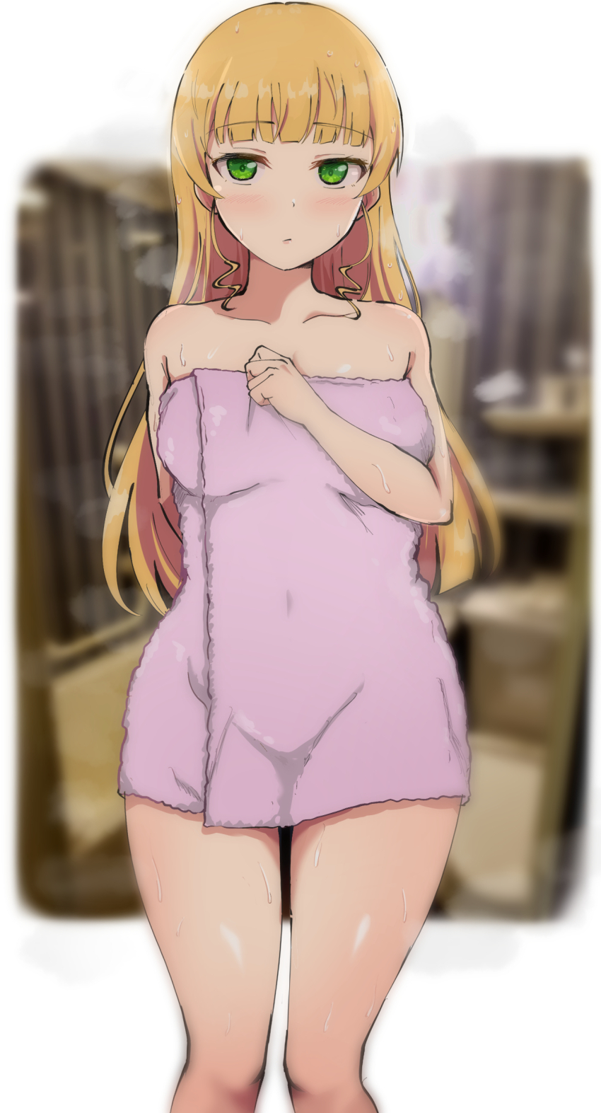 1girl absurdres black_socks blonde_hair blunt_bangs blurry blurry_background breasts closed_mouth feet_out_of_frame green_eyes heanna_sumire highres impossible_towel long_hair looking_at_viewer love_live! love_live!_superstar!! medium_breasts naked_towel parted_lips revision ringlets socks solo thighs towel wet wewe