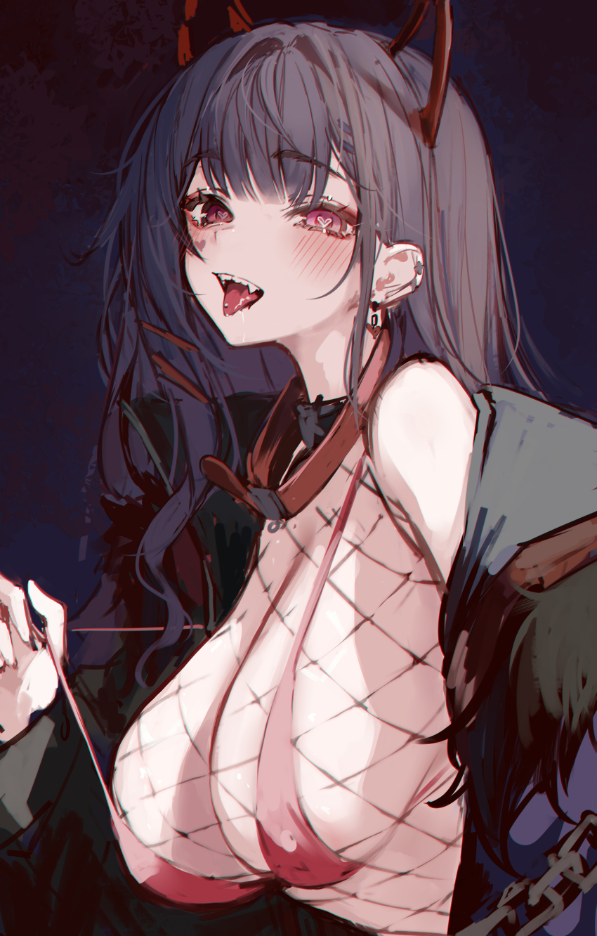 1girl absurdres akuma_nihmune akuma_nihmune_(demon_past) animal_collar black_jacket blush bra collar demon_girl demon_horns ear_piercing earrings fishnet_leotard fishnets hashtag-only_commentary heart heart-shaped_pupils highres horns indie_virtual_youtuber jacket jewelry leotard long_hair long_sleeves looking_at_viewer naokomama open_clothes open_jacket open_mouth piercing pink_eyes purple_background purple_hair red_bra red_collar saliva sharp_teeth sidelocks solo strap_pull symbol-shaped_pupils teeth tongue tongue_piercing underwear upper_body virtual_youtuber
