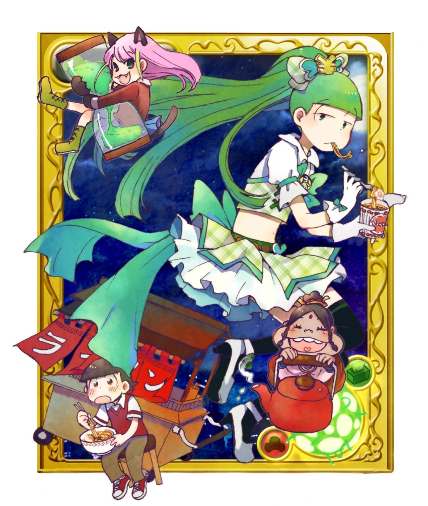 animal_ears animal_hands braid cat_ears cat_paws cat_tail dark-skinned_female dark_skin dayoon_girl eating food forehead_jewel green_hair hashimoto_nyaa highres matsuno_choromatsu matsuno_osomatsu midriff noodles osomatsu-san osomatsu_(series) pink_hair pleated_skirt ponytail ramen red_vest skirt tail thighhighs twin_braids vest