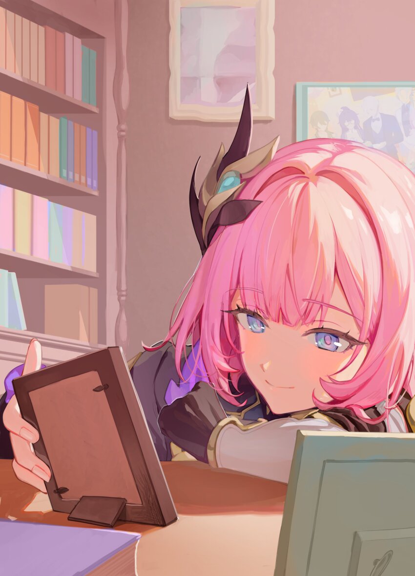1girl absurdres ato_(honkai_impact) black_gloves blue_eyes bookshelf closed_mouth desk elysia_(honkai_impact) elysia_(miss_pink_elf)_(honkai_impact) gloves hair_intakes hair_ornament head_rest highres holding holding_picture_frame honkai_(series) honkai_impact_3rd indoors kevin_kaslana kosma looking_at_viewer mei_(honkai_impact) picture_frame pink_hair pink_pupils roena short_hair single_glove smile solo