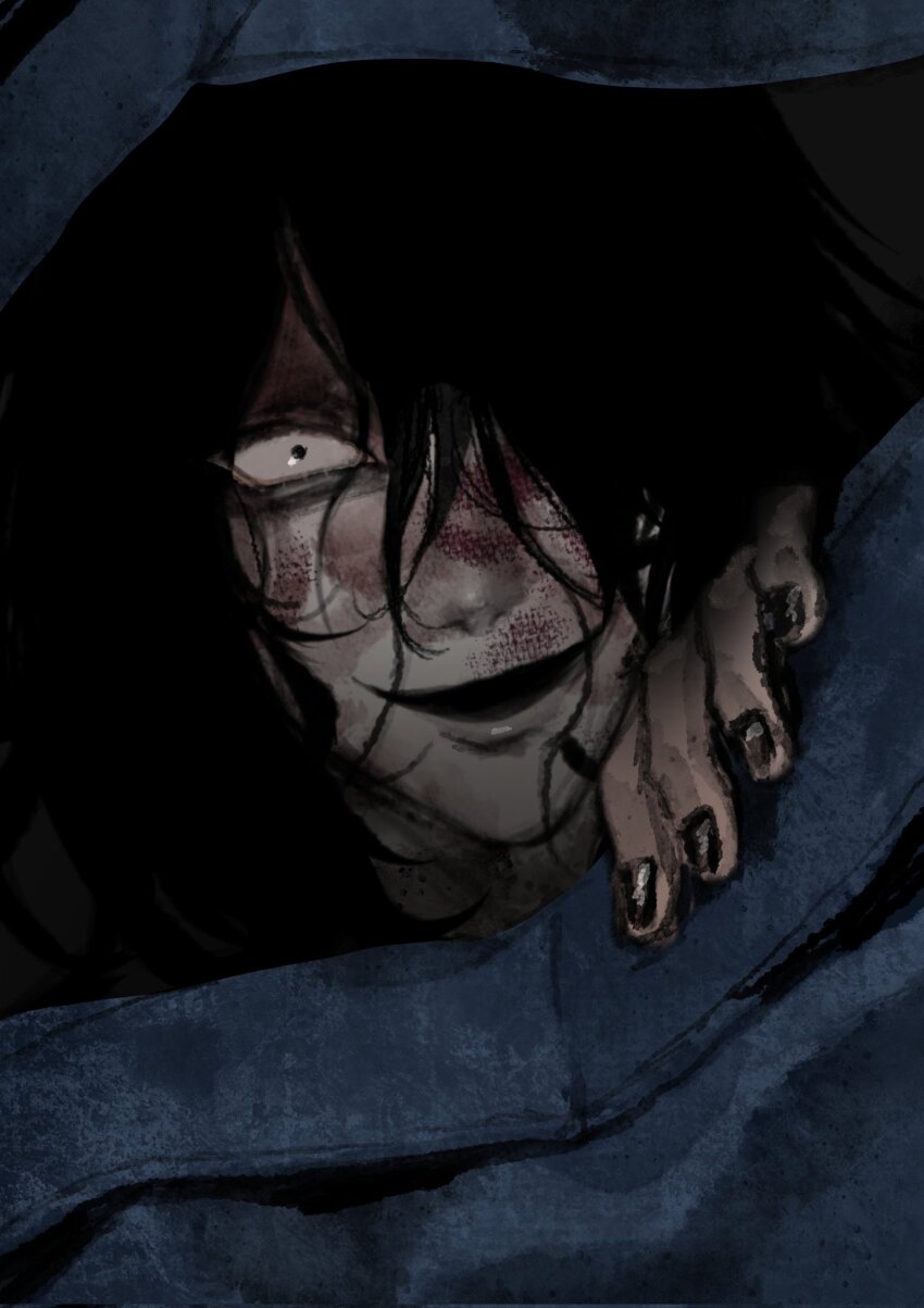 1boy bag black_eyes black_hair black_nails blood blood_on_face commentary_request duffel_bag hair_over_one_eye highres homicipher korean_commentary looking_at_viewer male_focus md_1211_zzz mr._gap solo