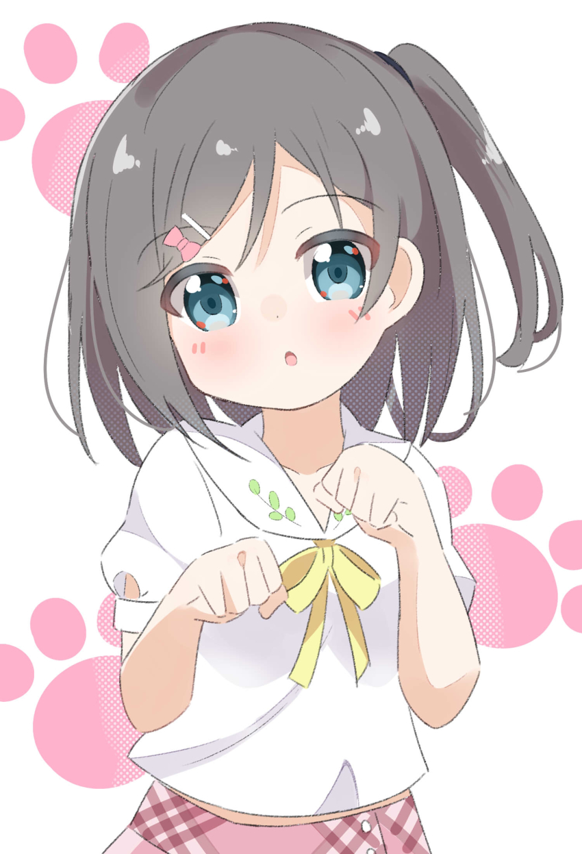 1girl :o black_hair blue_eyes blush bow commentary_request hair_bow hair_ornament hairclip head_tilt hentai_ouji_to_warawanai_neko. highres kapuru_0410 one_side_up parted_lips paw_pose paw_print paw_print_background pink_bow pink_skirt plaid_clothes plaid_skirt puffy_short_sleeves puffy_sleeves shirt short_sleeves simple_background skirt solo tsutsukakushi_tsukiko white_background white_shirt yellow_bow