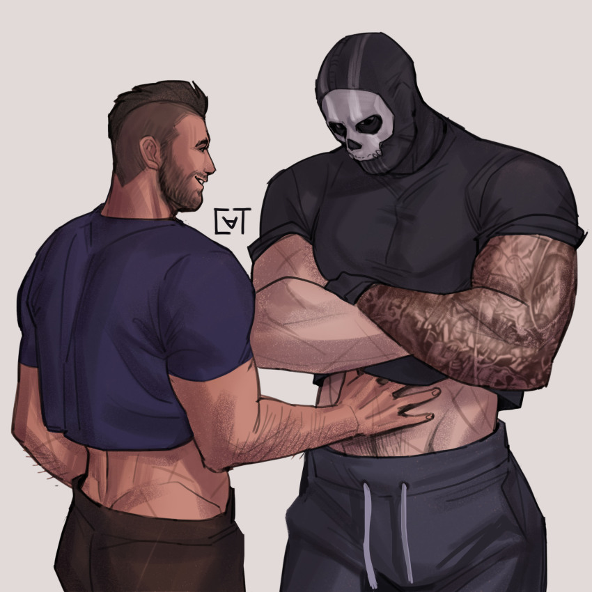 2boys absurdres arm_tattoo asymmetrical_hair bara black_gloves black_hair black_pants brown_pants call_of_duty call_of_duty:_modern_warfare_2 couple crop_top cropped_torso crossed_arms facial_hair feeling_muscles ghost_(modern_warfare_2) gloves grey_background hand_under_clothes highres large_pectorals looking_at_another male_focus mask multiple_boys muscular muscular_male navel_hair pants pectorals short_hair sidecut simple_background skull_mask smile soap_(modern_warfare_2) sundaycat3 tattoo undercut yaoi