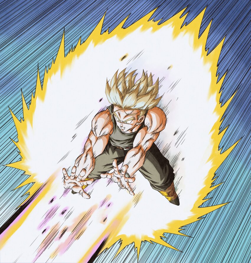 1boy aura black_pants black_shirt blonde_hair boots clenched_teeth dragon_ball dragonball_z galick_gun highres male_focus motion_lines muscular muscular_male nagare_seiya pants shirt short_hair solo speed_lines spiked_hair super_saiyan teeth trunks_(dragon_ball) trunks_(future)_(dragon_ball)