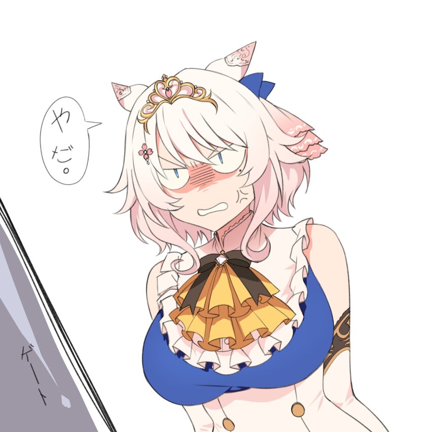 1girl anger_vein animal_ears ascot bare_shoulders bow bowtie brown_bow brown_bowtie buttons commentary double-breasted ear_covers ears_back framed_breasts fukuro_(maruaru00) highres horse_ears horse_girl original personification short_hair sidelocks sodashi_(racehorse) solo tiara umamusume upper_body v-shaped_eyebrows white_hair yellow_ascot