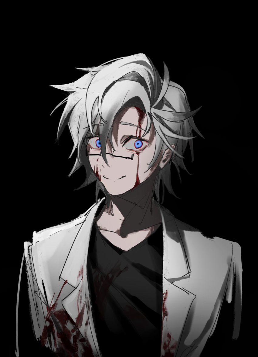 1boy absurdres baobing black-framed_eyewear black_shirt blood blood_on_clothes blood_on_face blue_eyes chinese_commentary closed_mouth commentary_request glasses hair_between_eyes highres kanou_aogu lab_coat lapels male_focus notched_lapels open_clothes rectangular_eyewear saibou_shinkyoku semi-rimless_eyewear shirt short_hair simple_background smile solo upper_body white_background white_hair
