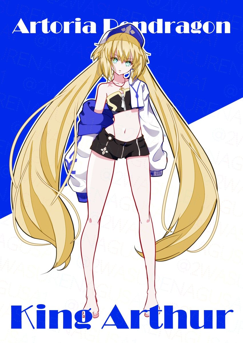 1girl artoria_caster_(fate) artoria_pendragon_(fate) bare_legs barefoot baseball_cap black_shorts black_tube_top blonde_hair breasts character_name collarbone commentary cropped_jacket fate/grand_order fate_(series) full_body green_eyes hat highres jacket jewelry long_hair looking_at_viewer midriff miyaka_(58305841) navel necklace open_clothes open_jacket parted_lips short_shorts shorts single_off_shoulder small_breasts solo standing strapless tube_top twintails two-tone_background very_long_hair white_jacket zipper zipper_pull_tab