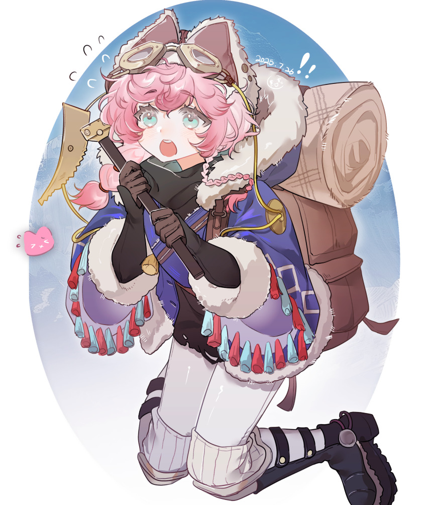 ! !! 1girl absurdres backpack bag baizangze black_boots black_gloves black_sweater blue_background blue_eyes boots brown_bag brown_hat coat dated flying_sweatdrops full_body fur-trimmed_coat fur_trim gloves goggles goggles_on_headwear hat highres holding holding_pickaxe hood hooded_coat kneeling long_braid looking_up nautika_(reverse:1999) open_mouth oval_background pants pickaxe pink_hair purple_coat reverse:1999 solo sweater trapper_hat two-handed two-tone_background white_background white_pants