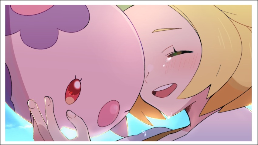 1girl :d bianca_(pokemon) blonde_hair blush closed_eyes commentary_request day eyelashes fingernails gen_5_pokemon green_headwear hand_up hat misha_(ohds101) munna nintendo open_mouth outdoors pokemon pokemon_(creature) pokemon_bw short_hair smile teeth tongue upper_teeth_only