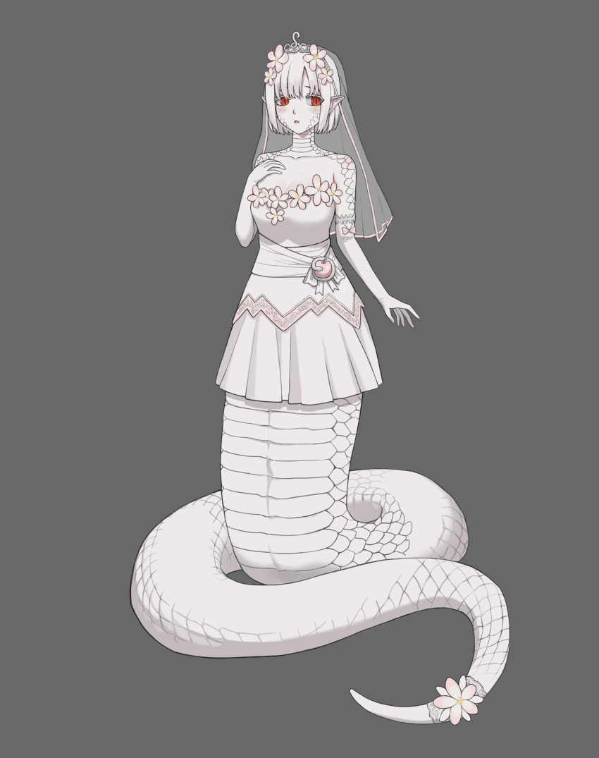 1girl absurdres albino bob_cut dress flower hair_flower hair_ornament highres lamia monster_girl original pointy_ears red_eyes scales shengxiu_de_pige slit_pupils tiara veil white_dress white_hair