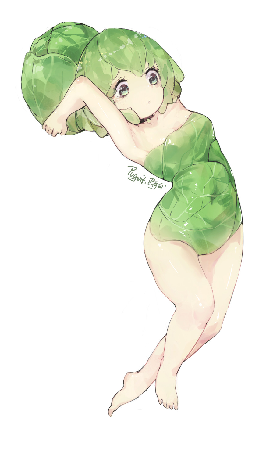 1girl absurdres armpits artist_name barefoot breasts cabbage cabbage-pult_(plants_vs._zombies) closed_mouth commentary dot_mouth food food-themed_hair food_as_clothes full_body green_hair green_leotard highres holding holding_behind_back holding_food holding_vegetable leotard original personification plants_vs._zombies pugwit short_hair simple_background small_breasts solo strapless strapless_leotard vegetable white_background