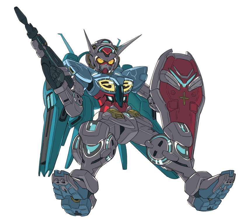 absurdres beam_rifle chibi energy_gun floating g-self gun gundam gundam_g_no_reconguista highres holding holding_gun holding_shield holding_weapon mecha mobile_suit no_humans oomura_yuusuke photoshop_(medium) robot shield solo weapon white_background yellow_eyes