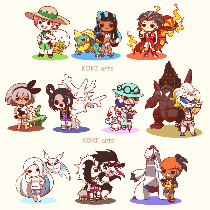 4girls 6+boys :&lt; :d ahoge alcremie alcremie_(strawberry_sweet) alcremie_(vanilla_cream) allister_(pokemon) arm_behind_back artist_name barefoot bea_(pokemon) black_gloves black_hair black_hairband black_jacket blonde_hair blue-tinted_eyewear blue_dress blue_hair blue_hat blue_shorts brown_hat brown_jacket brown_shorts centiskorch chibi closed_mouth coalossal colored_tips commentary cursola dark-skinned_female dark-skinned_male dark_skin dive_ball drednaw dress duraludon eldegoss english_commentary fingerless_gloves frosmoth full_body gen_8_pokemon gloves gordie_(pokemon) green_shorts grey_hair grin hairband hand_in_pocket hand_on_own_head hand_on_own_hip hat highres holding holding_poke_ball holding_umbrella hood hood_down hoodie jacket kabu_(pokemon) koki_arts long_hair long_tongue melony_(pokemon) midriff milo_(pokemon) multicolored_hair multicolored_jacket multiple_boys multiple_girls navel nessa_(pokemon) nintendo obstagoon old old_woman opal_(pokemon) open_clothes open_jacket open_mouth orange_hair orange_hat outstretched_arm partially_fingerless_gloves piers_(pokemon) pink_dress pointy_nose poke_ball poke_ball_(basic) poke_ball_print pokemon pokemon_(creature) pokemon_swsh purple_shorts raihan_(pokemon) red_eyes red_footwear red_shirt sandals sharp_teeth shirt short_hair short_shorts shorts simple_background single_fingerless_glove sleeveless sleeveless_shirt smile standing striped_clothes striped_dress sunglasses teeth tinted_eyewear tongue tongue_out two-tone_dress two-tone_hair two-tone_jacket ultra_ball umbrella upper_teeth_only v-shaped_eyebrows v-shaped_eyes very_long_hair white_eyes white_footwear white_hair white_hat white_mask white_shirt