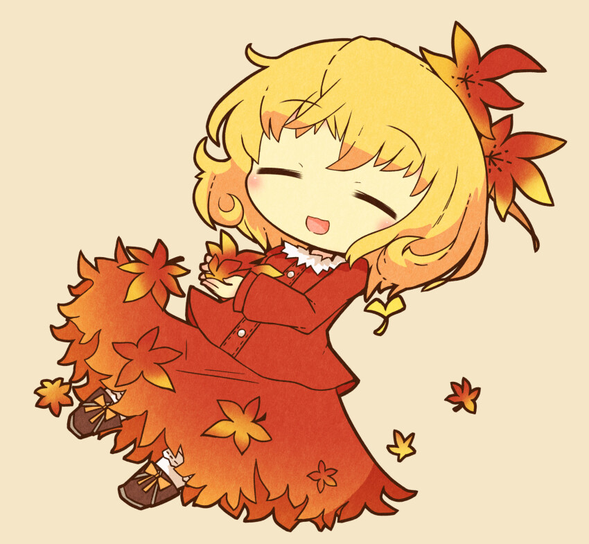 1girl =_= aki_shizuha akihiyo autumn_leaves blonde_hair blush brown_background brown_footwear closed_eyes commentary_request facing_viewer ginkgo_leaf hair_ornament highres holding holding_leaf leaf leaf_hair_ornament long_sleeves maple_leaf open_mouth red_shirt red_skirt shirt short_hair simple_background skirt smile solo touhou