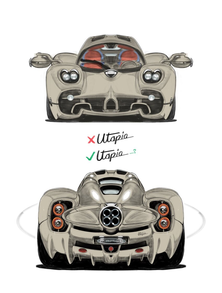 ... ? brown_car car commentary english_commentary highres motor_vehicle multiple_views no_humans original pagani pagani_utopia simple_background sports_car straight-on vehicle_focus vehicle_name will_pierce