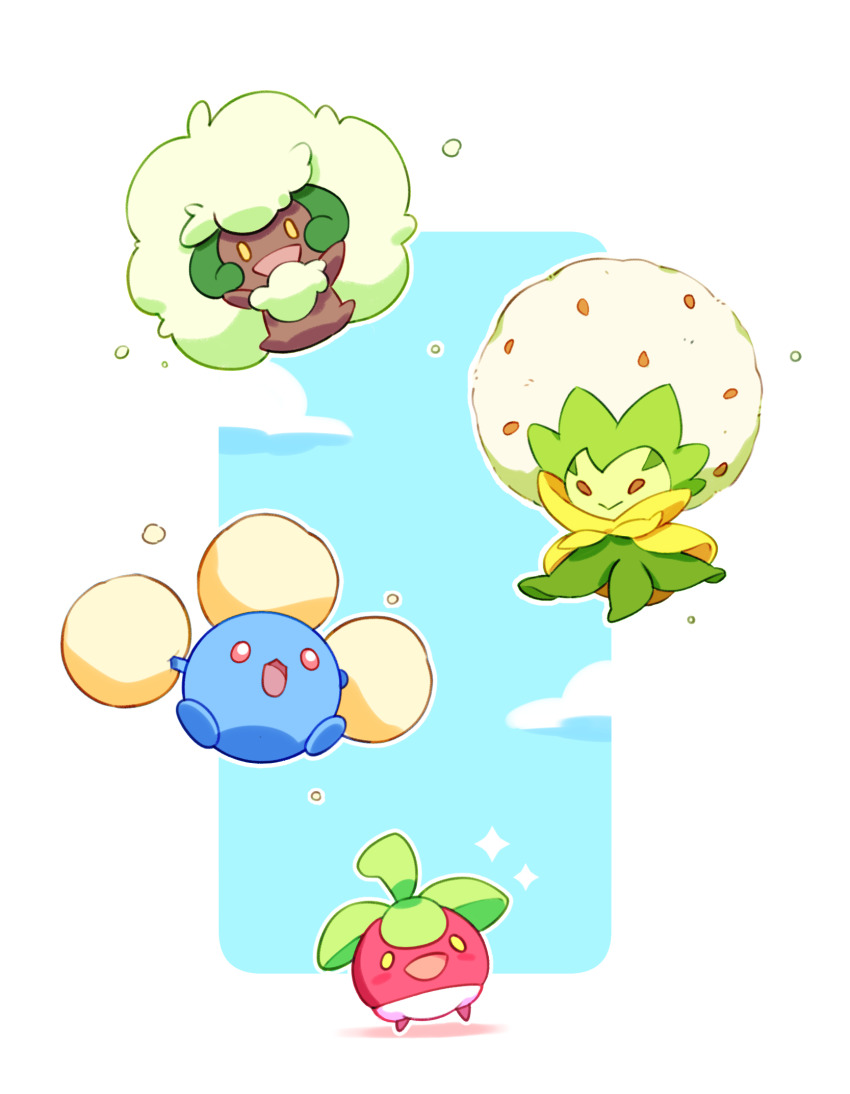 :&gt; :3 :d arms_up blue_sky bounsweet brown_eyes closed_mouth cloud commentary eldegoss english_commentary floating flying game_freak gen_2_pokemon gen_5_pokemon gen_7_pokemon gen_8_pokemon highres jumpluff nintendo no_humans open_mouth orange_eyes outline pixelyte plant pokemon pokemon_(creature) pokemon_focus red_eyes sky smile whimsicott white_outline yellow_eyes