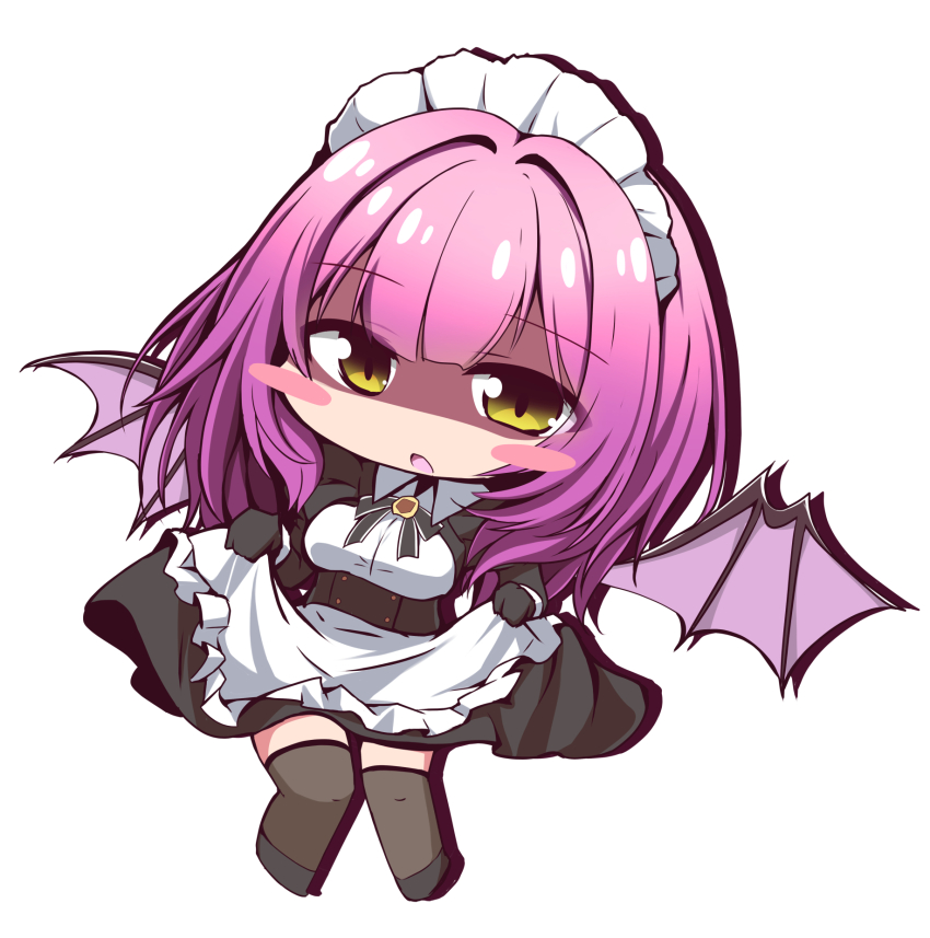 1girl apron azur_lane black_bow black_bowtie black_gloves black_thighhighs bow bowtie chibi clothes_lift demon_wings devonshire_(azur_lane) dress dress_lift full_body geo_(yukishitadou) gloves highres long_sleeves looking_at_viewer maid maid_headdress medium_hair purple_hair shaded_face simple_background solo thighhighs waist_apron white_apron white_background wings yellow_eyes