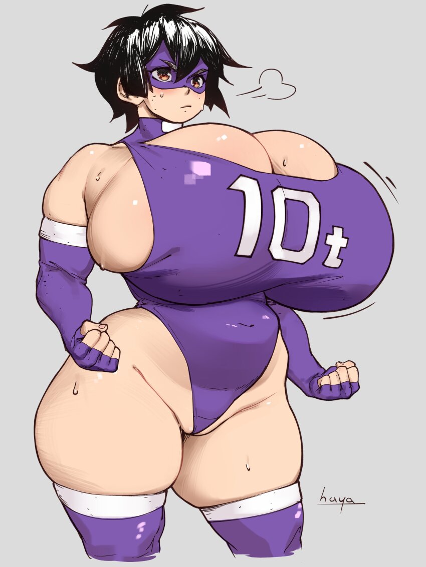 10-ton 1girl absurdres black_hair boku_no_hero_academia breasts brown_eyes bursting_breasts cleavage_cutout clenched_hand clothing_cutout elbow_gloves gigantic_breasts gloves hayabusart highres leotard mask plump purple_gloves purple_leotard purple_thighhighs short_hair skindentation solo standing sweat thick_thighs thighhighs thighs