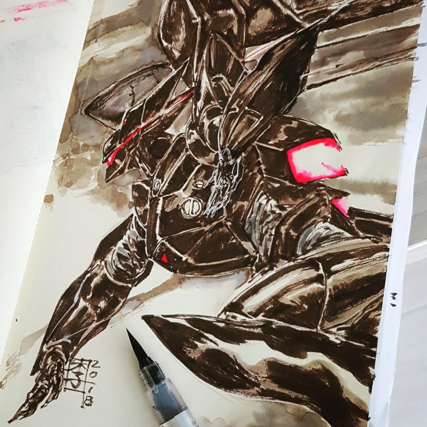 2018 assault_visor commentary english_commentary from_side highres kidou_keisatsu_patlabor mar-c! marker marker_(medium) mecha no_humans open_hand photo_(medium) robot science_fiction solo thrusters traditional_media type_j-9_griffon