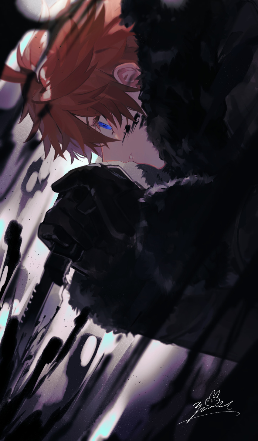 1boy absurdres black_blood black_gloves blood blood_on_face blue_eyes brown_hair dagger eyelashes genshin_impact gloves highres holding holding_dagger holding_knife holding_weapon knife light_particles looking_down male_focus short_hair signature solo tartaglia_(genshin_impact) weapon zoo_min