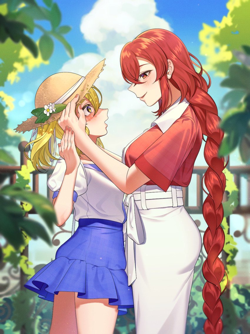 adapted_costume blonde_hair blue_skirt blush braid breasts cloud cloudy_sky commentary_request day guumin height_difference highres kitashirakawa_chiyuri leaf long_hair medium_breasts medium_hair okazaki_yumemi outdoors pants puffy_short_sleeves puffy_sleeves red_eyes red_hair red_shirt shirt short_sleeves skirt sky touhou touhou_(pc-98) tree very_long_hair white_pants white_shirt yellow_eyes yuri
