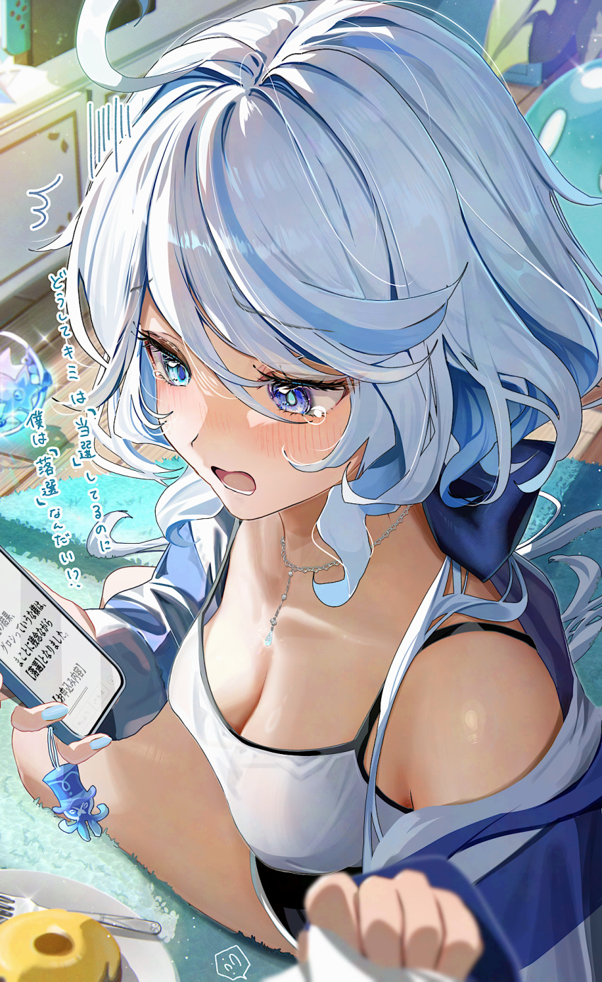 1girl ^^^ ahoge alternate_costume black_shorts blue_bow blue_eyes blue_hair blue_nails blue_streaks bow breasts cleavage collarbone commentary_request dolphin_shorts fingernails fork furina_(genshin_impact) furrowed_brow genshin_impact hair_bow hair_intakes heterochromia highres holding holding_phone indoors jacket kabu_usagi long_hair long_sleeves medium_breasts nail_polish open_clothes open_jacket phone shorts signature tearing_up translation_request wavy_hair