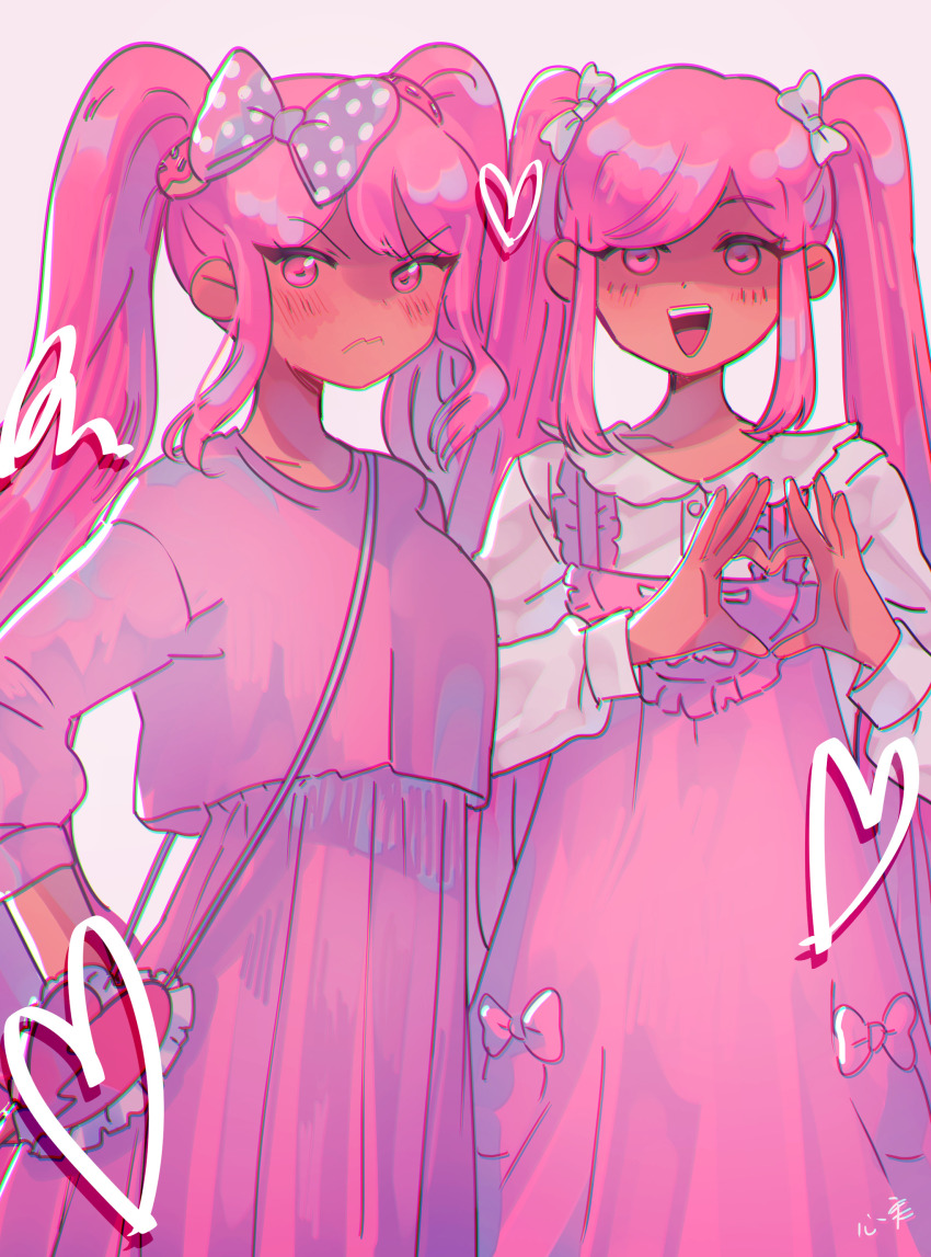2girls :d absurdres bad_id bad_tumblr_id bag blush bow buttons chromatic_aberration closed_mouth collarbone collared_shirt cowboy_shot dark-skinned_female dark_skin donut_hair_ornament dress dress_bow empty_eyes food-themed_hair_ornament frilled_bag hair_between_eyes hair_bow hair_ornament hand_on_own_hip heart heart-shaped_bag heart_hands highres kokomi_(aniesuakkaman) long_hair long_sleeves looking_at_viewer multiple_girls no_sclera omocat_(style) omori open_mouth perfectheart_(omori) pink_background pink_bag pink_bow pink_dress pink_shirt pink_skirt pink_theme polka_dot polka_dot_bow puffy_long_sleeves puffy_sleeves shaded_face shirt shoulder_bag sidelocks simple_background skirt smile sweetheart_(omori) teeth tongue twitter_username upper_teeth_only v-shaped_eyebrows very_long_hair wavy_mouth white_bow white_shirt
