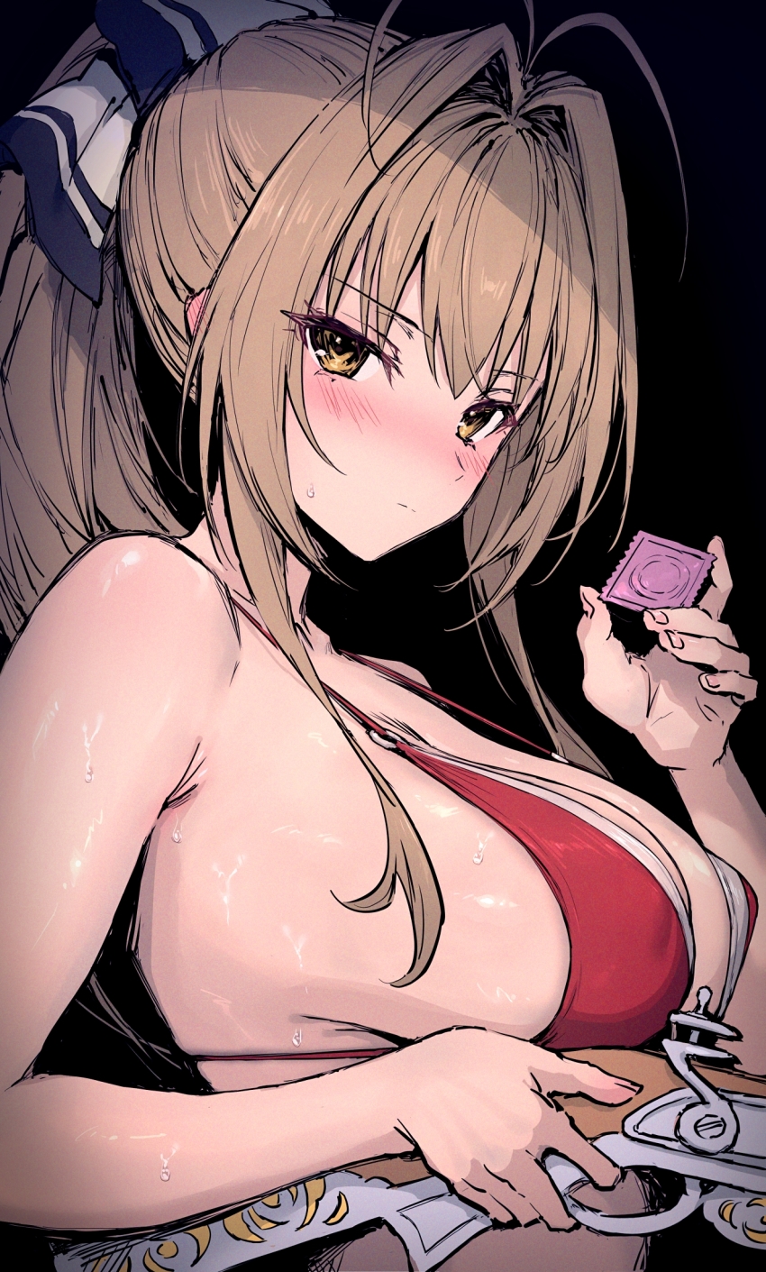 1girl amagi_brilliant_park bare_shoulders bikini black_background blush breasts closed_mouth condom condom_wrapper from_side gun haoni highres holding holding_condom holding_gun holding_weapon large_breasts light_brown_hair long_hair looking_to_the_side ponytail red_bikini sento_isuzu sidelocks simple_background solo sweat swimsuit upper_body weapon yellow_eyes