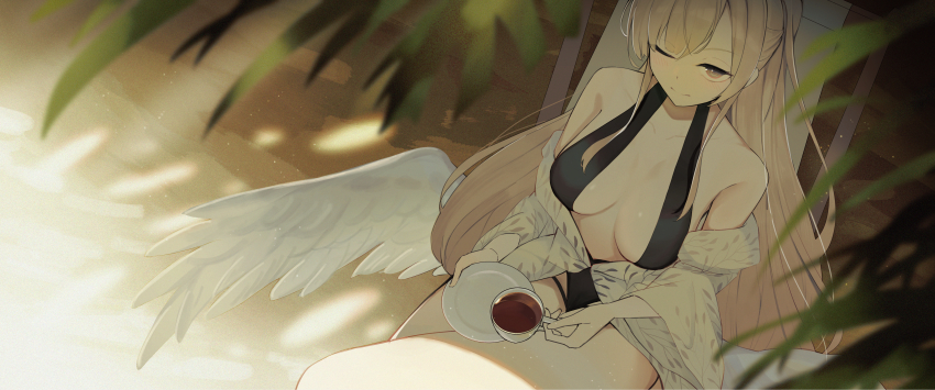 1girl absurdres bare_legs bare_shoulders beach beach_chair black_one-piece_swimsuit blonde_hair blue_archive blush breasts brown_eyes cleavage closed_mouth commentary crossed_bangs crossed_legs cup feathered_wings feet_out_of_frame hair_over_one_eye halo highleg highleg_one-piece_swimsuit highres holding holding_cup holding_plate huge_breasts jacket leaf long_hair looking_at_viewer low_wings nagisa_(blue_archive) nagisa_(swimsuit)_(blue_archive) official_alternate_costume official_alternate_hairstyle one-piece_swimsuit one_eye_closed pink_halo plate ponytail rafrog sand sidelocks sitting solo swimsuit tea thick_thighs thighs white_jacket white_wings wings