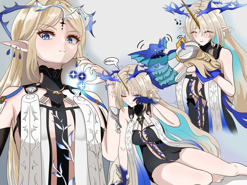 1girl absurdres bare_shoulders barefoot black_collar black_dress blonde_hair blue_eyes blue_hair breasts bunchosan_dayo cartethyia_(wuthering_waves) closed_eyes closed_mouth collar colored_inner_hair commentary_request crown_of_thorns dress earrings fleurdelys_(wuthering_waves) floating_earrings highres horns jewelry large_breasts long_horns multicolored_hair multiple_views necklace one_eye_closed parted_lips pointy_ears sidelocks single_horn small_breasts smile sock_puppet tabard tacet_mark_(wuthering_waves) thighs toes transformation white_tabard wuthering_waves yellow_horns