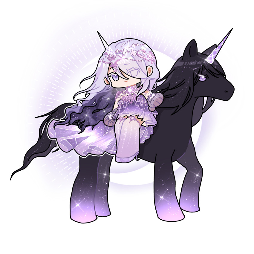 1girl ad_lunam_(shining_nikki) black_gloves chibi circlet closed_mouth colored_eyelashes colored_inner_hair crescent_moon dress eeeestella eyes_visible_through_hair floating_clothes floating_hair gloves hair_between_eyes hair_over_one_eye high_heels highres horns horseback_riding jewelry light_particles long_hair moon multicolored_hair necklace nikki_(series) purple_dress purple_eyes purple_hair purple_shoes purple_thighhighs riding see-through_clothes see-through_gloves shining_nikki shoes short_dress smile solo sparkle thighhighs train_(clothing) unicorn unicorn_horn very_long_hair wavy_hair white_background white_horns