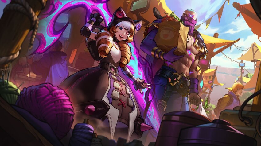 1boy 1girl :d animal_ears bag belt blue_eyes brown_hair fake_animal_ears gwen_(league_of_legends) heterochromia highres holding holding_bag holding_scissors holding_weapon league_of_legends legends_of_runeterra missing_eye multicolored_hair nail_polish official_art open_mouth pink_eyes pyke_(league_of_legends) scissors smile soul_fighter_(league_of_legends) soul_fighter_gwen soul_fighter_pyke topless_male two-tone_hair weapon white_hair